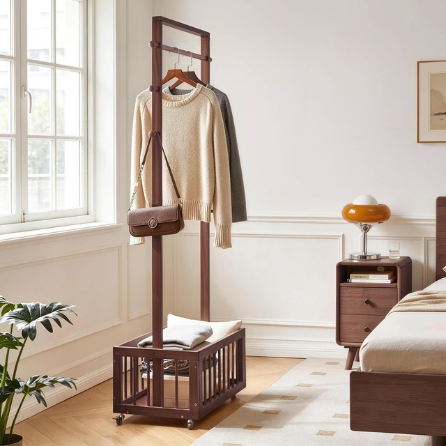 Alt view image 5 of 7 - Solid Freestanding Coat Rack with Rolling Wheels and Storage Basket, ×15.75 ×70.87 Walnut Finish Clothes Hanger Stand