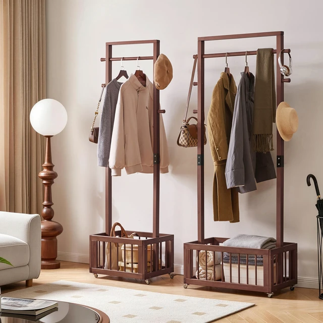 Alt view image 6 of 7 - Solid Freestanding Coat Rack with Rolling Wheels and Storage Basket, ×15.75 ×70.87 Walnut Finish Clothes Hanger Stand