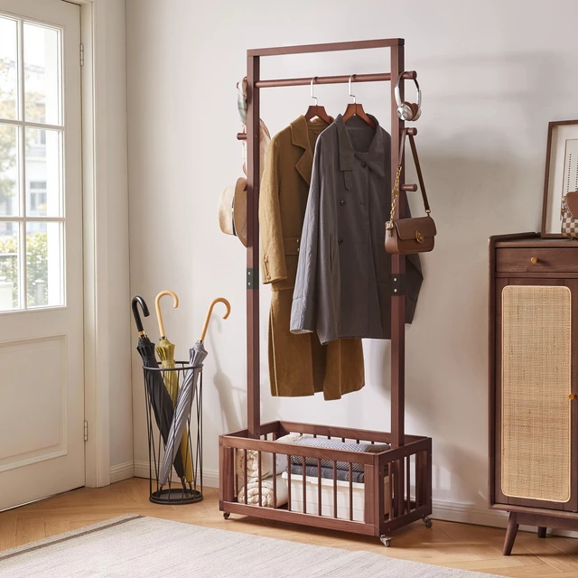 Alt view image 3 of 7 - Solid Freestanding Coat Rack with Rolling Wheels and Storage Basket, ×15.75 ×70.87 Walnut Finish Clothes Hanger Stand