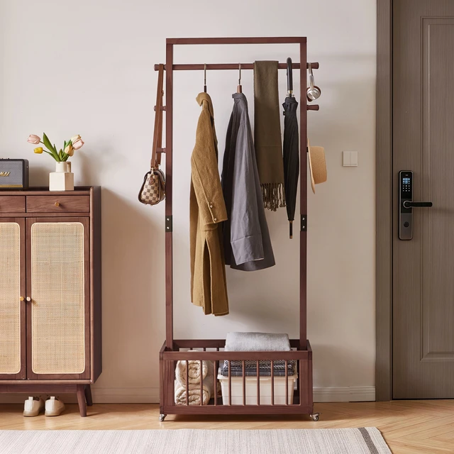 Alt view image 4 of 7 - Solid Freestanding Coat Rack with Rolling Wheels and Storage Basket, ×15.75 ×70.87 Walnut Finish Clothes Hanger Stand