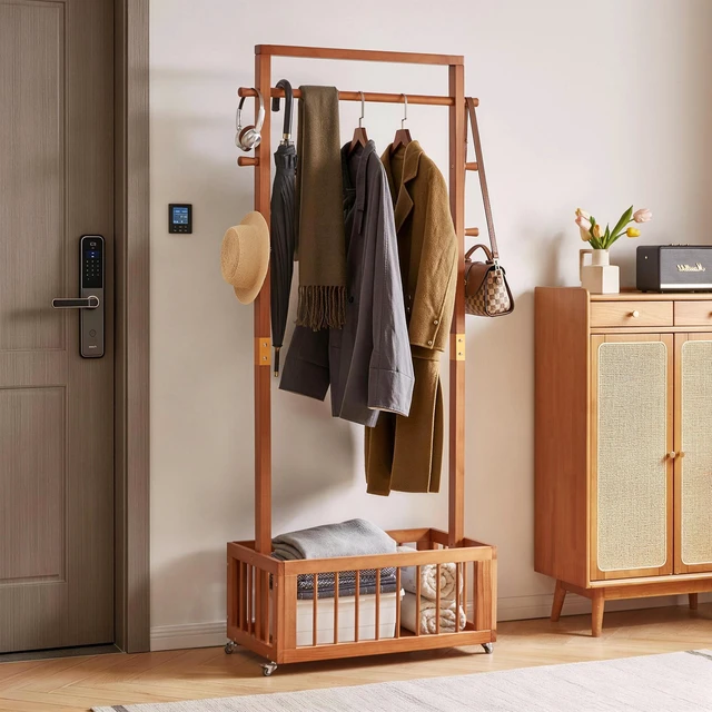 Main image of Solid Freestanding Coat Rack with Rolling Wheels and Storage Basket, ×15.75 ×70.87 Walnut Finish Clothes Hanger Stand