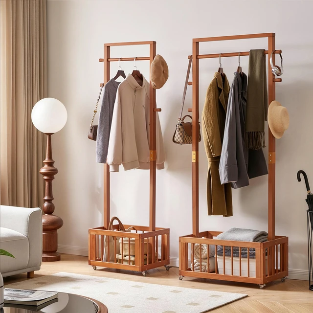 Alt view image 3 of 7 - Solid Freestanding Coat Rack with Rolling Wheels and Storage Basket, ×15.75 ×70.87 Walnut Finish Clothes Hanger Stand