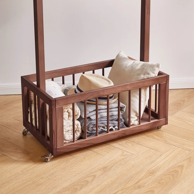 Alt view image 7 of 7 - Solid Freestanding Coat Rack with Rolling Wheels and Storage Basket, ×15.75 ×70.87 Walnut Finish Clothes Hanger Stand