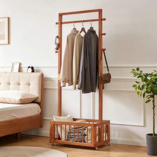 Alt view image 5 of 7 - Solid Freestanding Coat Rack with Rolling Wheels and Storage Basket, ×15.75 ×70.87 Walnut Finish Clothes Hanger Stand