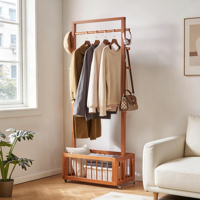 Alt view image 2 of 7 - Solid Freestanding Coat Rack with Rolling Wheels and Storage Basket, ×15.75 ×70.87 Walnut Finish Clothes Hanger Stand