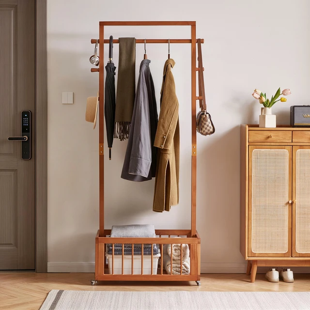 Alt view image 4 of 7 - Solid Freestanding Coat Rack with Rolling Wheels and Storage Basket, ×15.75 ×70.87 Walnut Finish Clothes Hanger Stand