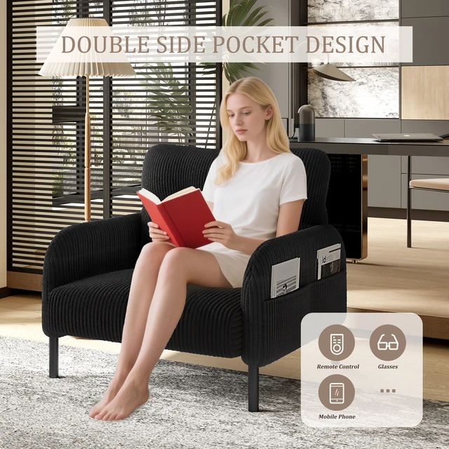 Alt view image 5 of 5 - Corduroy Fabric, Monochrome Single Person Wide Seat Chair Suitable for Living and Bedrooms, Black, Chairs Accent Seating