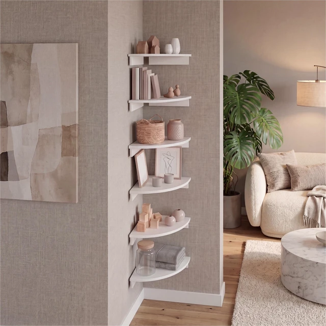 Main image of Inchx 12 Inch Corner 2 Tier Floating Wall Shelf, Wall-Mounted Display Ledge for Living Storage, White, Particle Board