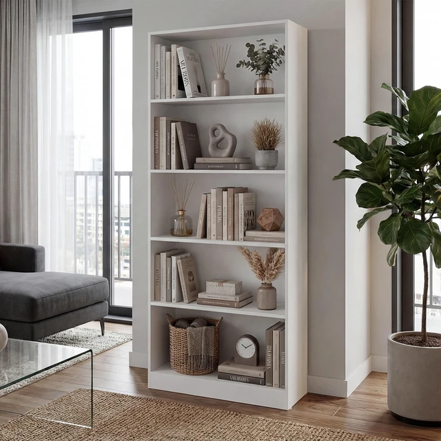 Main image of Tall Bookcase with Shelves, Storage Bookshelf, White, Particle Board, Display Shelving Etageres