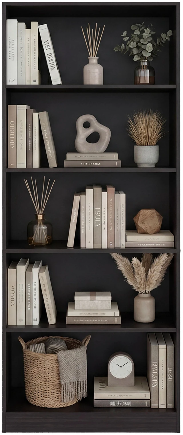Alt view image 7 of 7 - Tall Bookcase with Shelves, Storage Bookshelf, Wenge, Particle Board, Display Shelving Etageres