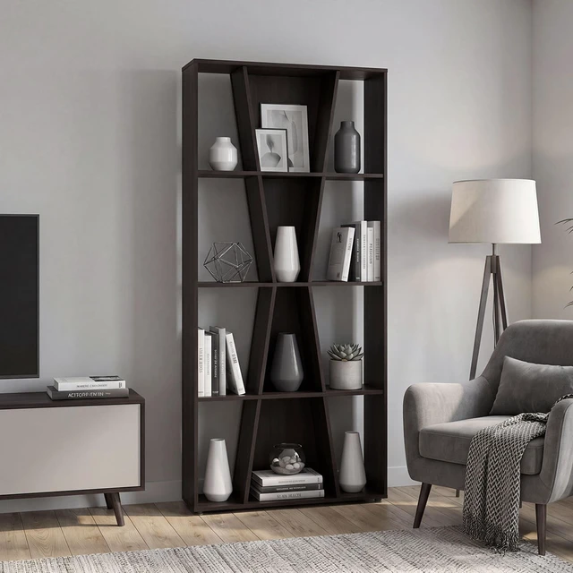 Main image of Camden 4 Tier Bookcase, Tall Freestanding Bookshelf with Open Display Shelves for Living, Wenge, Particle Board