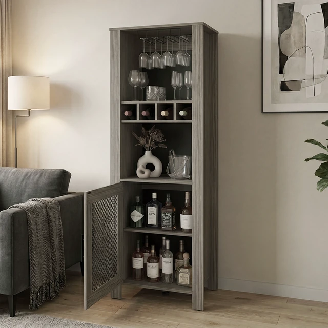 Alt view image 2 of 7 - Westmont Bar Cabinet with Wine Storage, Liquor Cabinet with Glass Rack and Shelves for Bar, Gray Wash, Particle Board