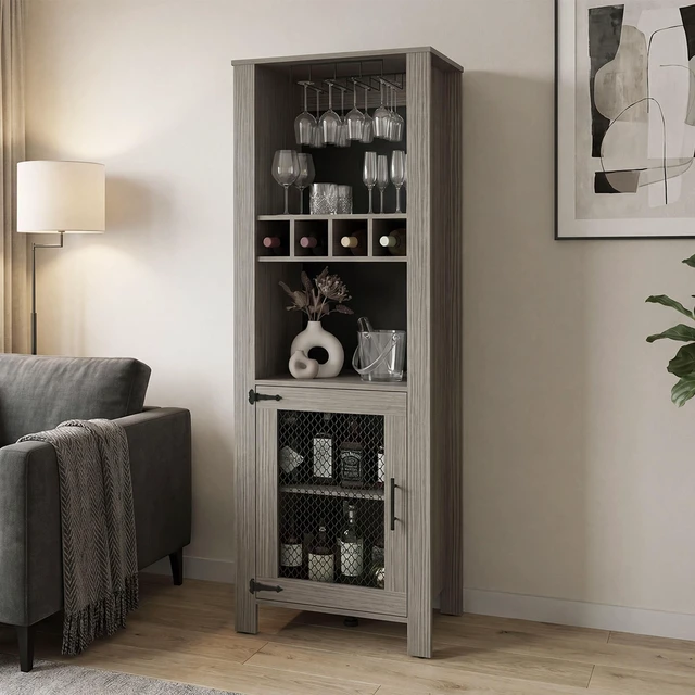 Main image of Westmont Bar Cabinet with Wine Storage, Liquor Cabinet with Glass Rack and Shelves for Bar, Gray Wash, Particle Board