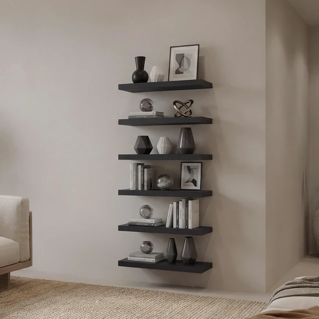 Main image of Phoenix 6 Piece Floating Wall Shelves Set, Wood Wall Mounted Display Shelves for Decor and Storage, Wenge, Particle