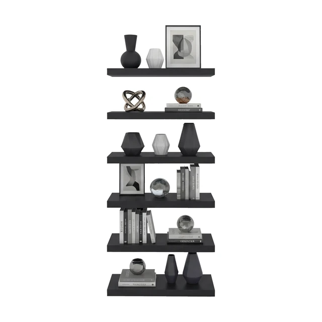 Alt view image 5 of 7 - Phoenix 6 Piece Floating Wall Shelves Set, Wood Wall Mounted Display Shelves for Decor and Storage, Wenge, Particle