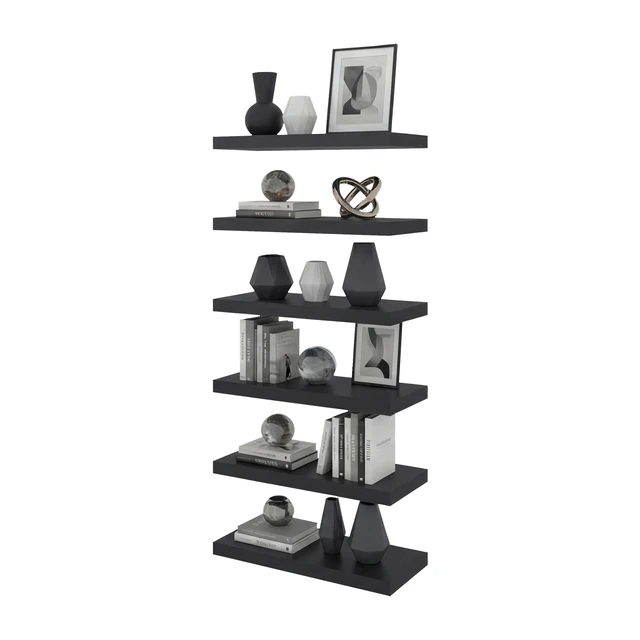 Alt view image 7 of 7 - Phoenix 6 Piece Floating Wall Shelves Set, Wood Wall Mounted Display Shelves for Decor and Storage, Wenge, Particle