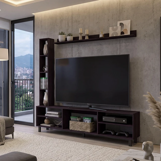 Main image of Scio TV Stand with Open Shelves and Storage for Tvs, Wenge, Particle Board, Display Shelving Etageres