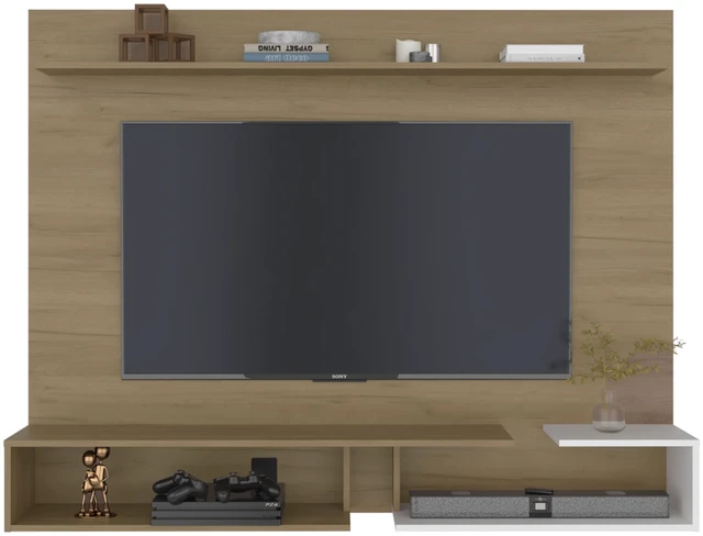 Alt view image 4 of 7 - Colorado Wall Mounted TV Panel with Floating Media Console and Open Storage Shelves, Multi, Particle Board, Display