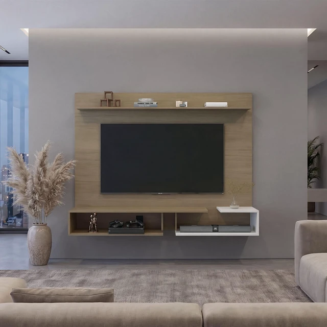 Main image of Colorado Wall Mounted TV Panel with Floating Media Console and Open Storage Shelves, Multi, Particle Board, Display