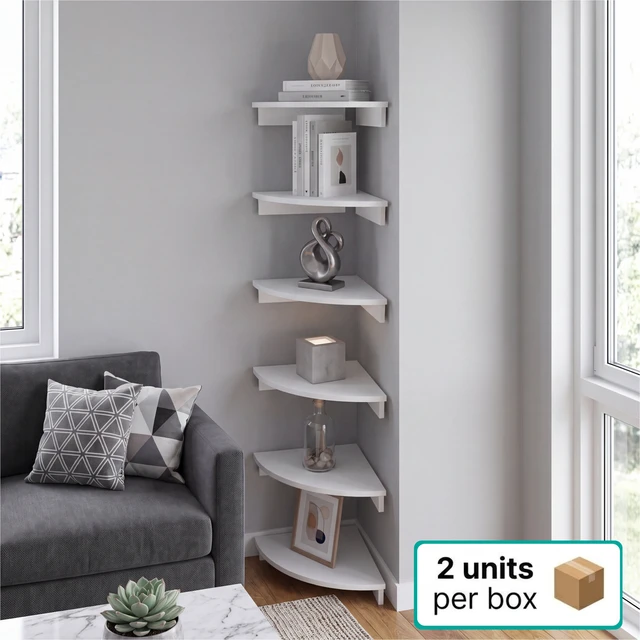 Alt view image 3 of 7 - Inchx 12 Inch Corner 2 Tier Floating Wall Shelf, Wall-Mounted Display Ledge for Living Storage, White, Particle Board