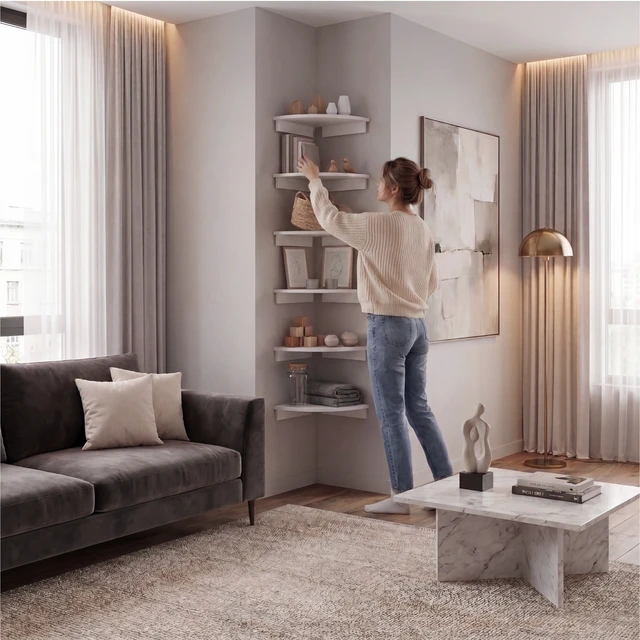 Alt view image 4 of 7 - Inchx 12 Inch Corner 2 Tier Floating Wall Shelf, Wall-Mounted Display Ledge for Living Storage, White, Particle Board