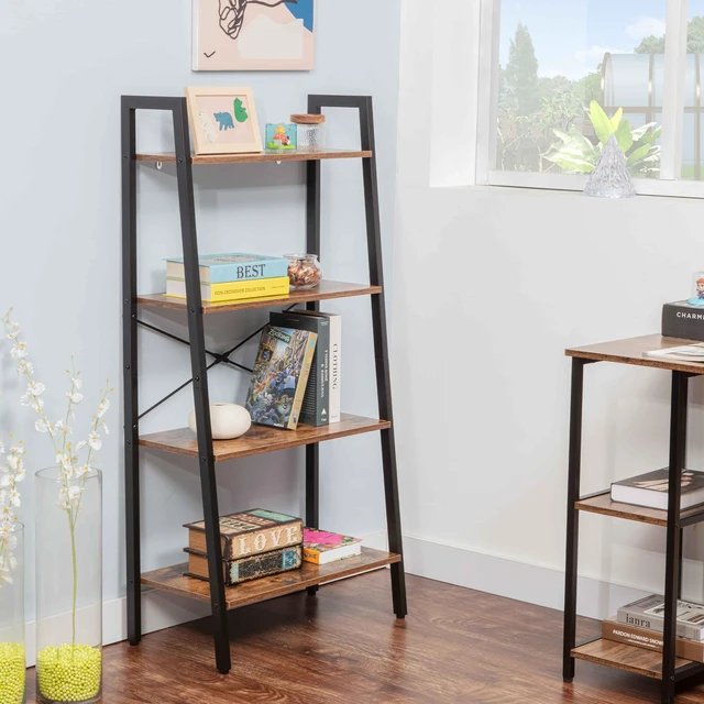 Main image of 4 Tier Bookshelf, Freestanding Display Bookcase Storage Rack Shelf Plant Stand for Living, Brown, Wood and Metal