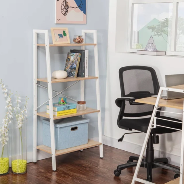 Alt view image 5 of 7 - 4 Tier Bookshelf, Freestanding Display Bookcase Storage Rack Shelf Plant Stand for Living, White Oak, Wood and Metal