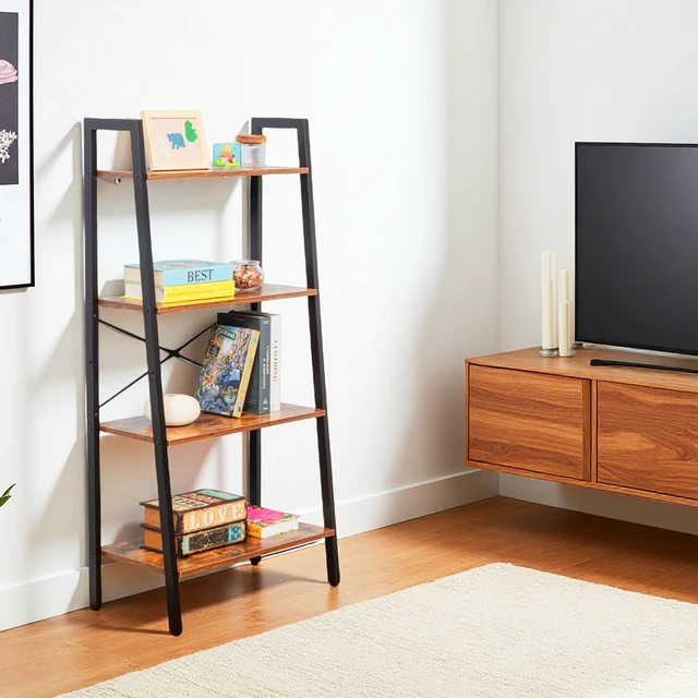 Alt view image 2 of 7 - 4 Tier Bookshelf, Freestanding Display Bookcase Storage Rack Shelf Plant Stand for Living, Brown, Wood and Metal