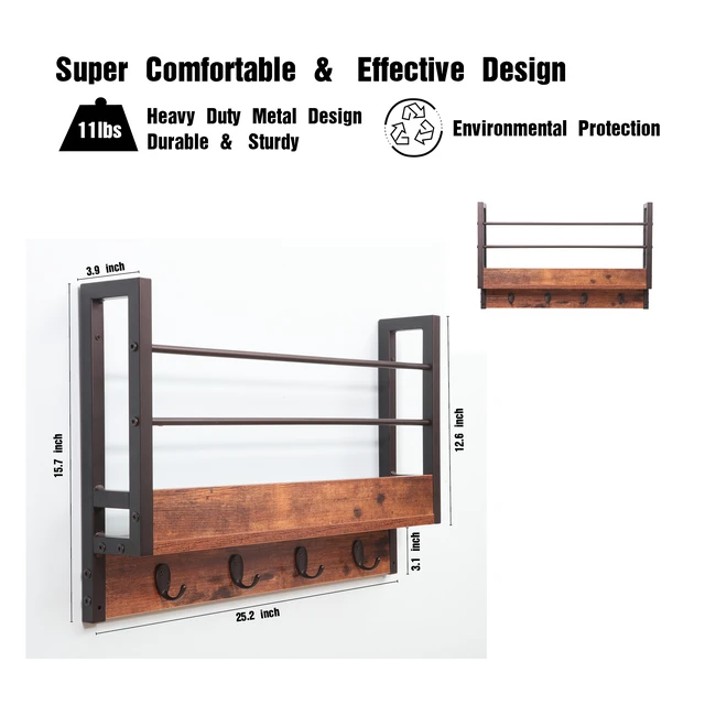 Alt view image 3 of 4 - Floating Book Shelf Coat Rack, Wall Mounted Storage Shelves with Coat Hooks Key Holder for Entryway Living Set, Deep