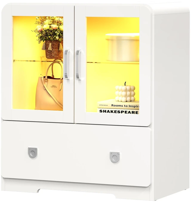 Main image of Display Cabinet with Acrylic Doors, Tall Curio Cabinet with LED Lights Storage with Drawers and Adjustable Shelves