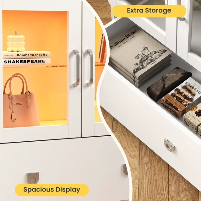 Alt view image 4 of 7 - Display Cabinet with Acrylic Doors, Tall Curio Cabinet with LED Lights Storage with Drawers and Adjustable Shelves