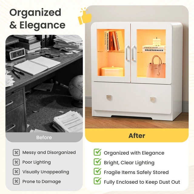 Alt view image 5 of 7 - Display Cabinet with Acrylic Doors, Tall Curio Cabinet with LED Lights Storage with Drawers and Adjustable Shelves