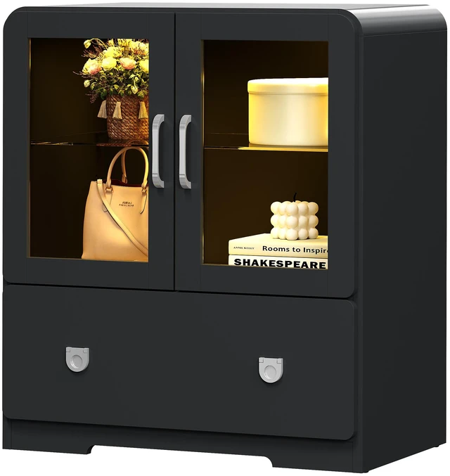 Main image of Display Cabinet with Acrylic Doors, Tall Curio Cabinet with LED Lights Storage with Drawers and Adjustable Shelves