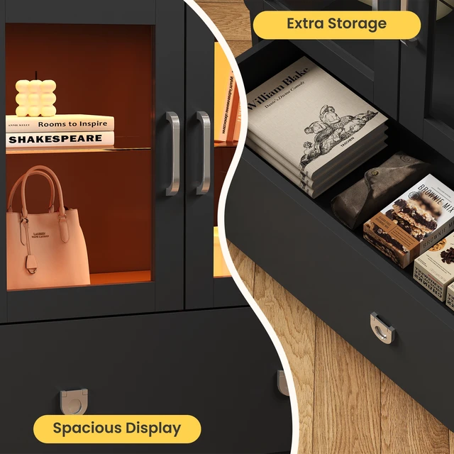 Alt view image 5 of 7 - Display Cabinet with Acrylic Doors, Tall Curio Cabinet with LED Lights Storage with Drawers and Adjustable Shelves