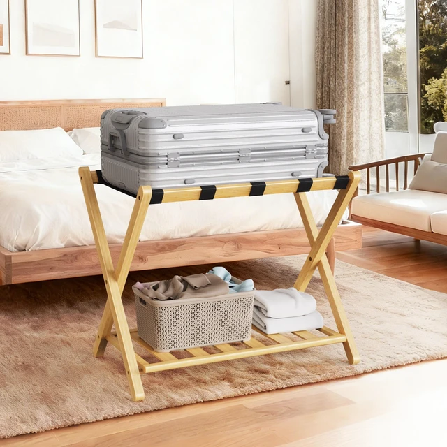 Main image of Folding Bamboo Luggage Rack 29×28×3 Inch, Foldable Suitcase Stand with Lower Storage Shelf Guest Luggage Holder