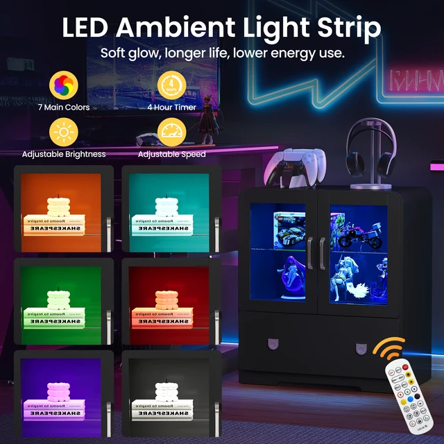 Alt view image 7 of 7 - Display Cabinet with Acrylic Doors, Tall Curio Cabinet with LED Lights Storage with Drawers and Adjustable Shelves