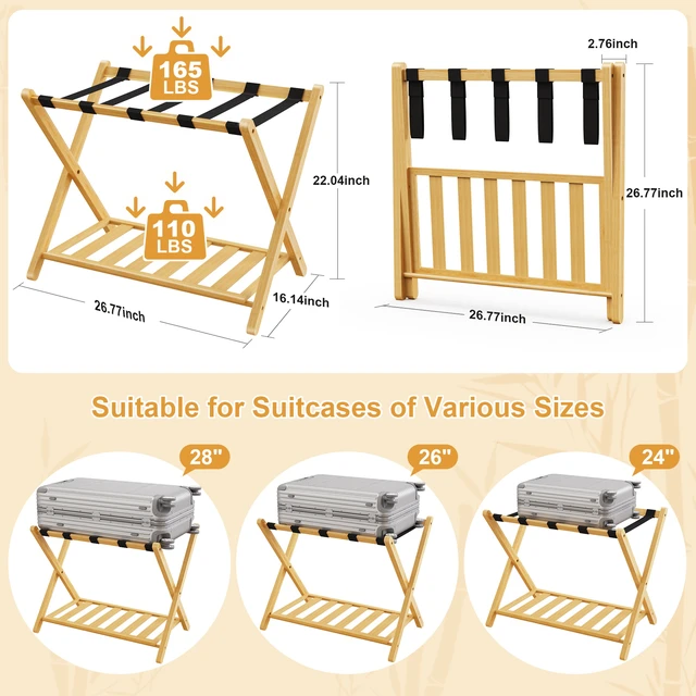 Alt view image 3 of 7 - Folding Bamboo Luggage Rack 29×28×3 Inch, Foldable Suitcase Stand with Lower Storage Shelf Guest Luggage Holder