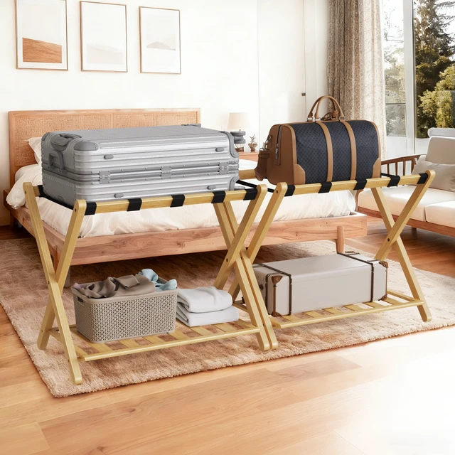 Alt view image 2 of 7 - Folding Bamboo Luggage Rack 29×28×3 Inch, Foldable Suitcase Stand with Lower Storage Shelf Guest Luggage Holder