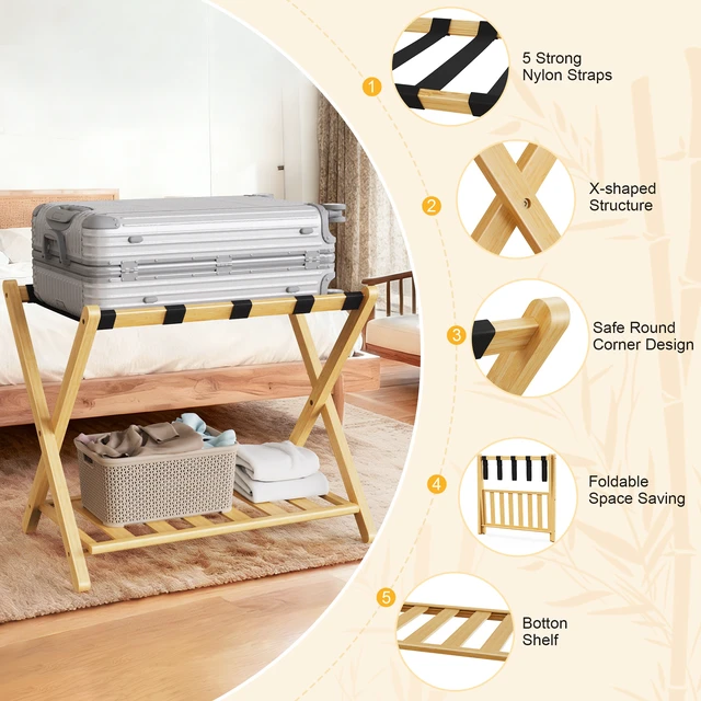 Alt view image 4 of 7 - Folding Bamboo Luggage Rack 29×28×3 Inch, Foldable Suitcase Stand with Lower Storage Shelf Guest Luggage Holder