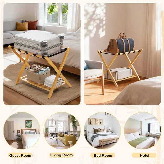 Alt view image 7 of 7 - Folding Bamboo Luggage Rack 29×28×3 Inch, Foldable Suitcase Stand with Lower Storage Shelf Guest Luggage Holder