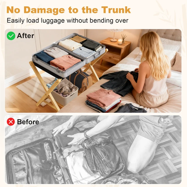 Alt view image 6 of 7 - Folding Bamboo Luggage Rack 29×28×3 Inch, Foldable Suitcase Stand with Lower Storage Shelf Guest Luggage Holder