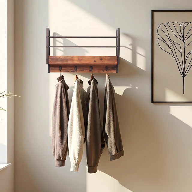 Main image of Floating Book Shelf Coat Rack, Wall Mounted Storage Shelves with Coat Hooks Key Holder for Entryway Living Set, Deep