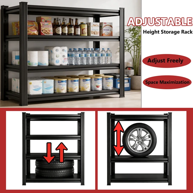 Alt view image 6 of 7 - 4 Tier Adjustable Storage Rack, Practical Metal Shelving Unit for and Organization Assembly Required, Black, Metal
