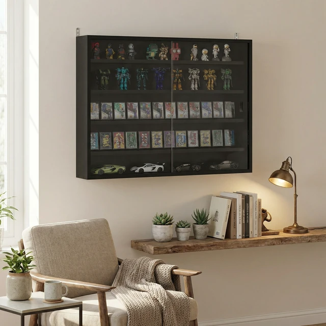 Alt view image 2 of 7 - 5 Tier Display Cabinet, Glass Door Cabinet with Adjustable Shelves Wall-Mounted Display Case for Playroom Jet, Black