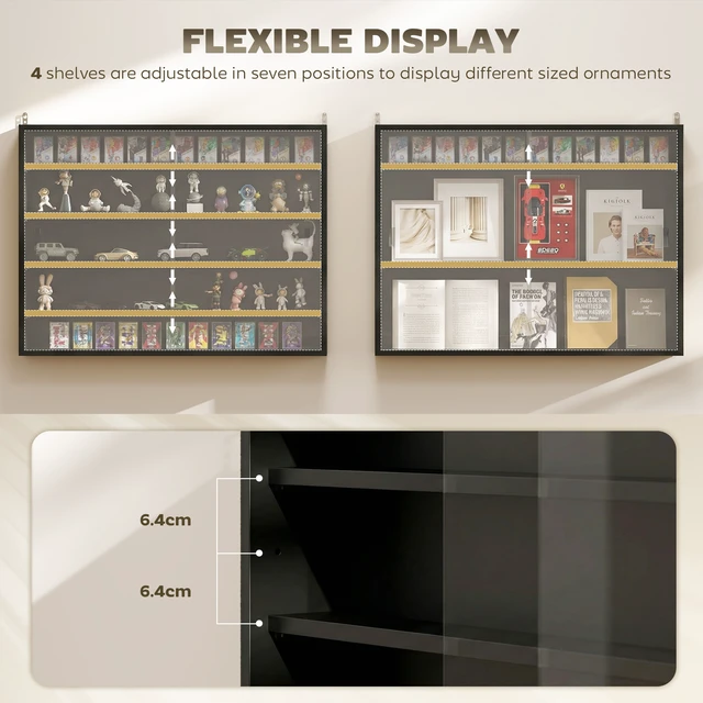 Alt view image 6 of 7 - 5 Tier Display Cabinet, Glass Door Cabinet with Adjustable Shelves Wall-Mounted Display Case for Playroom Jet, Black