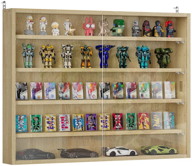 Main image of 5 Tier Display Cabinet, Glass Door Cabinet with Adjustable Shelves Wall-Mounted Display Case for Playroom, Oak