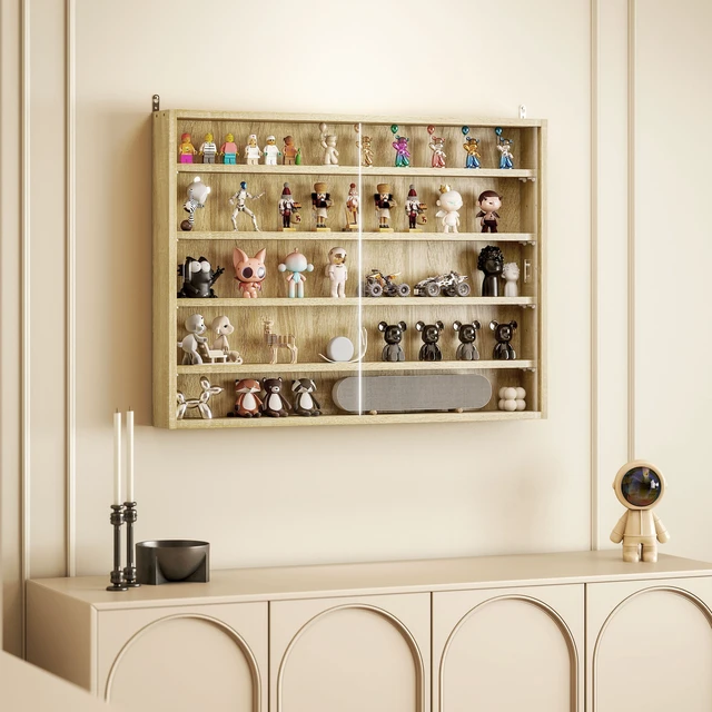 Alt view image 2 of 7 - 5 Tier Display Cabinet, Glass Door Cabinet with Adjustable Shelves Wall-Mounted Display Case for Playroom, Oak