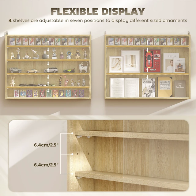 Alt view image 6 of 7 - 5 Tier Display Cabinet, Glass Door Cabinet with Adjustable Shelves Wall-Mounted Display Case for Playroom, Oak