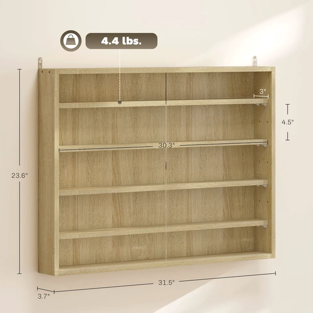 Alt view image 7 of 7 - 5 Tier Display Cabinet, Glass Door Cabinet with Adjustable Shelves Wall-Mounted Display Case for Playroom, Oak