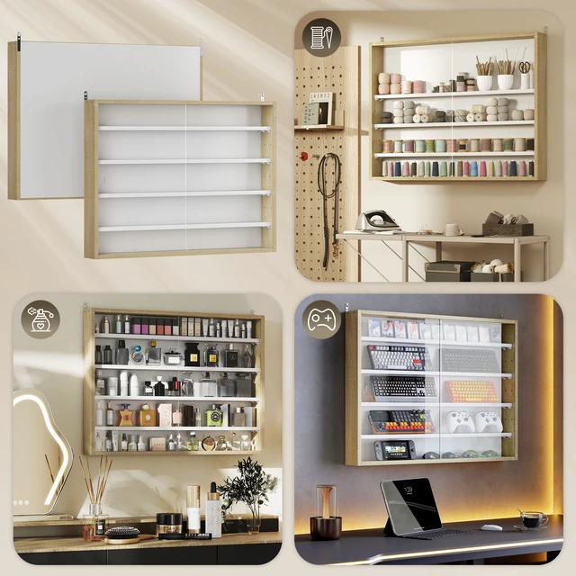 Alt view image 3 of 7 - 5 Tier Display Cabinet, Glass Door Cabinet with Adjustable Shelves Wall-Mounted Display Case for Playroom, Oak